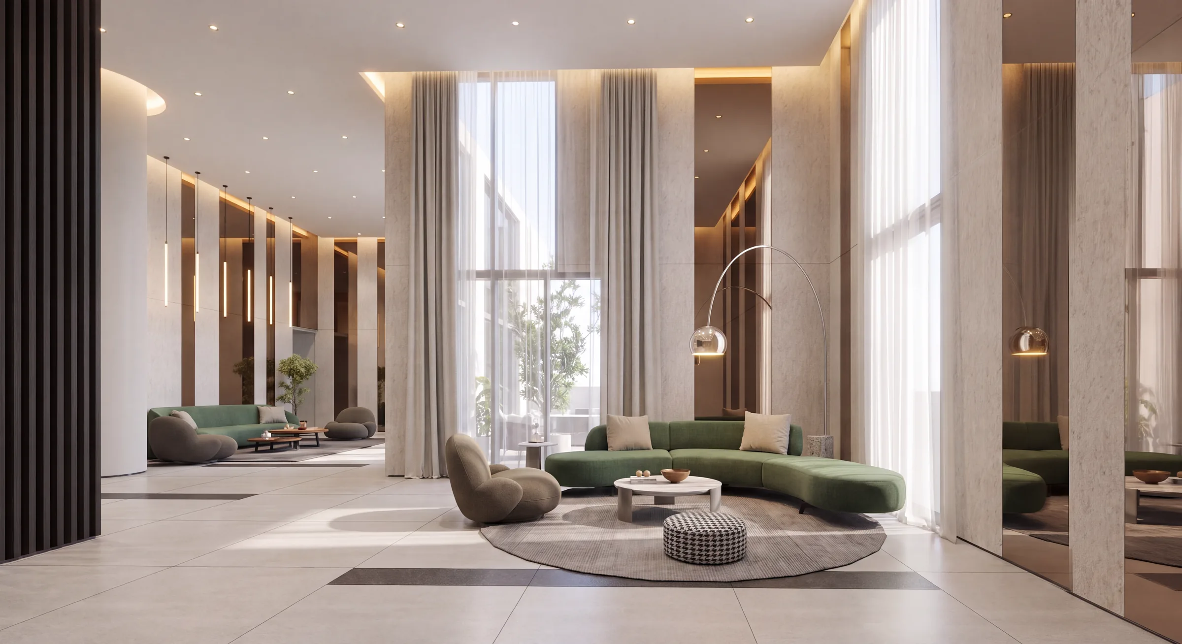 101 ML — double-height residential lobby with fluted timber and travertine