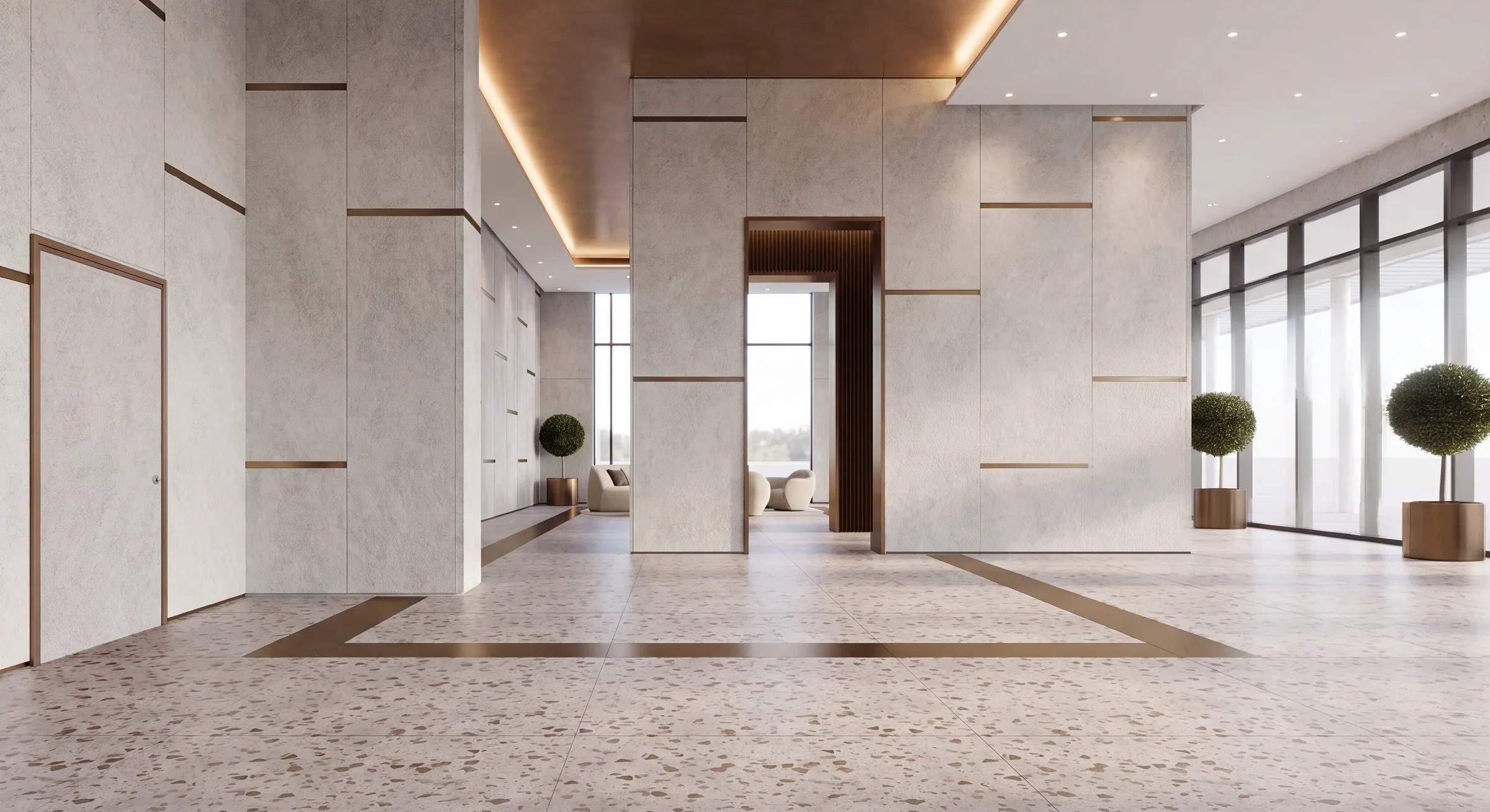 GD Levy Kfar Azar — stone lobby with bronze inlay and terrazzo floor