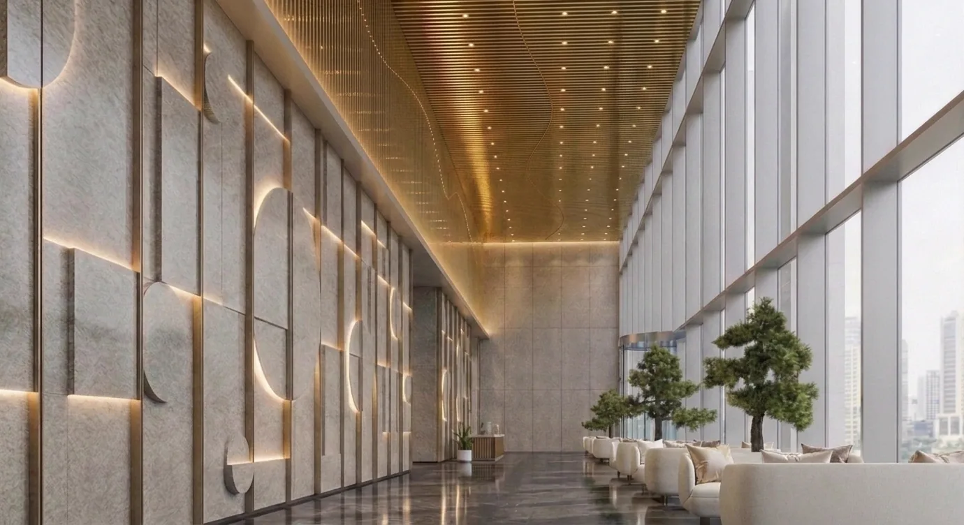 Global Towers — double-height commercial lobby with backlit stone feature wall